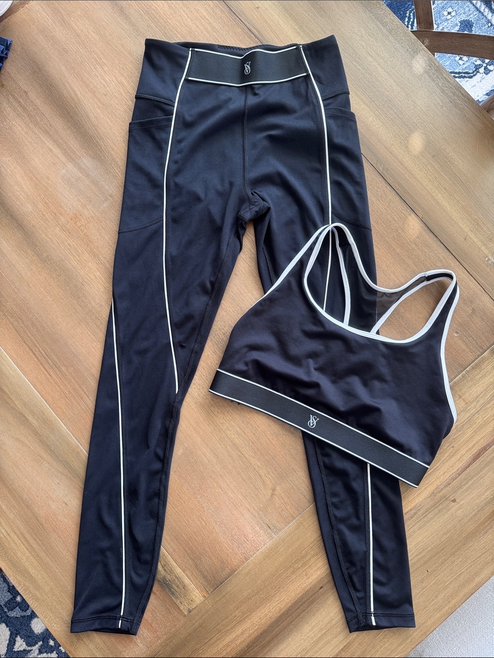 Victoria's Secret Black Sports Bra and Leggings Set with White Piping